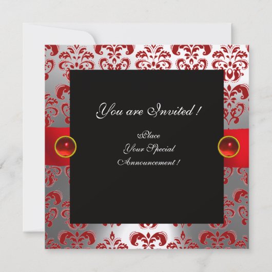 RED RIBBON RUBY GOLD BLACK DAMASK MONOGRAM KAART (Achterkant)