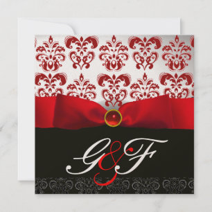 RED RIBBON RUBY GOLD BLACK DAMASK MONOGRAM KAART