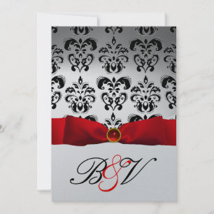 RED RIBBON SILVER BLACK DAMASK MONOGRAM KAART