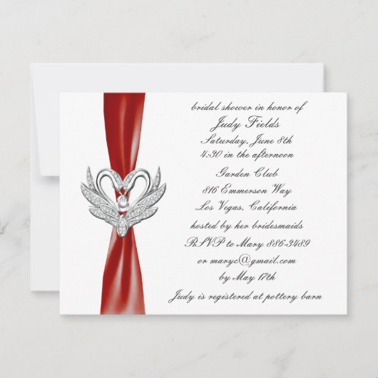 Red Ribbon Silver Swans Bridal Shower Invitation Kaart (Voorkant)