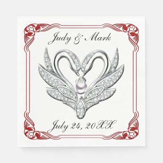 Red Ribbon Silver Swans Paper Napkins Servetten (Voorkant)