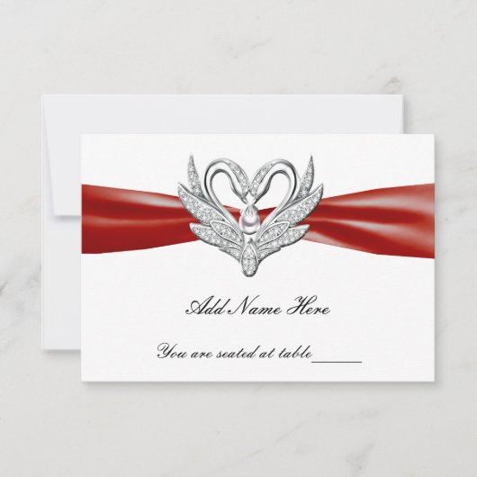 Red Ribbon Silver Swans Table Place Card Kaart (Voorkant)