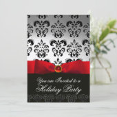 RED RIBBON WHITE BLACK DAMASK HOLIDAY PARTY Ruby Kaart (Staand voorkant)