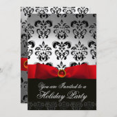 RED RIBBON WHITE BLACK DAMASK HOLIDAY PARTY Ruby Kaart (Voorkant / Achterkant)