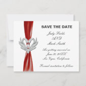 Red Ribbon Zilveren Zwanen Save The Date Kaart (Voorkant)