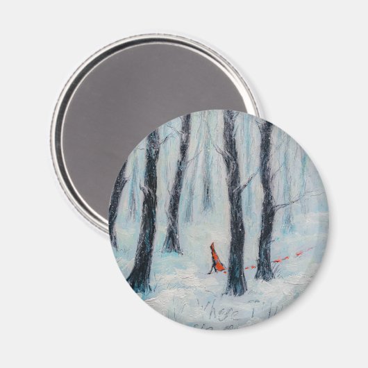 Red Riding Hood-achtige figuur in een winterbos Magneet (Voorkant / Achterkant)