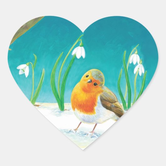 Red Robin Bird en Snowdrops Illustratie Hart Sticker (Voorkant)