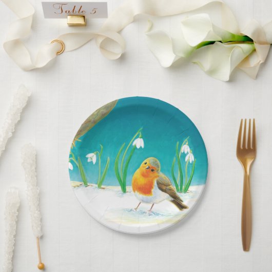 Red Robin Bird en Snowdrops Illustratie Papieren Bordje (Huwelijk)
