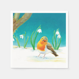 Red Robin Bird en Snowdrops Illustratie Servet
