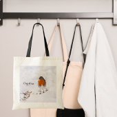 Red robin bird sneeuwnaam script tote bag