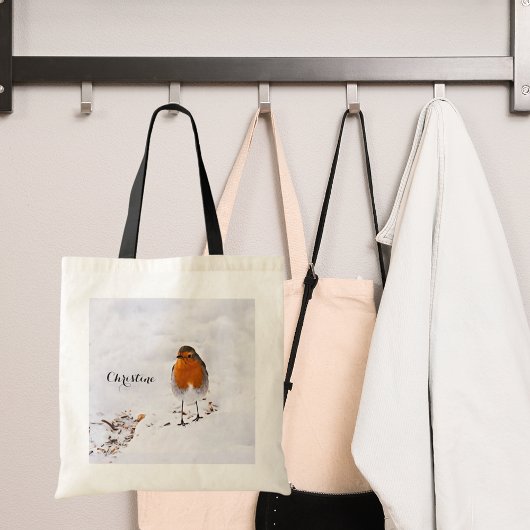 Red robin bird sneeuwnaam script tote bag