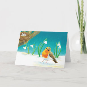 Red Robin Bird & Spring Snowdrops Illustratie Kaart