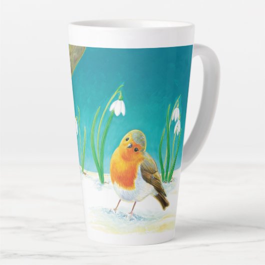 Red Robin Bird & Spring Snowdrops Illustratie Latte Mok (Rechterhoek)