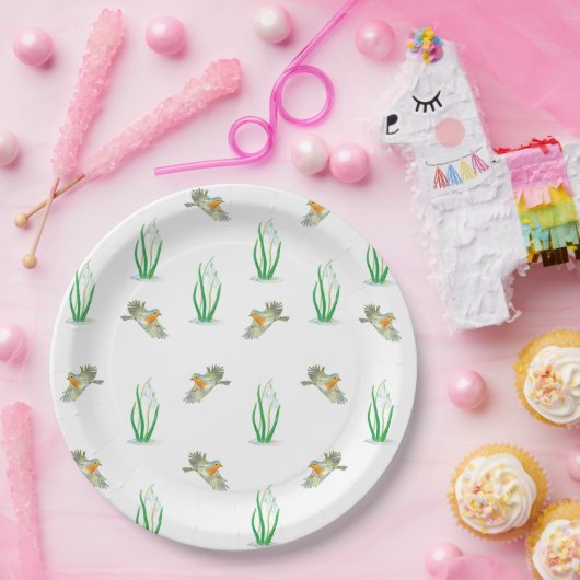 Red Robin Birds & Snowdrops Playful Spring Pattern Papieren Bordje (Feest)