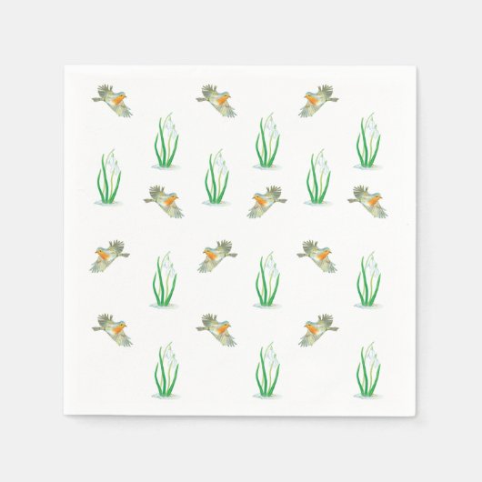 Red Robin Birds & Snowdrops Playful Spring Pattern Servet (Voorkant)