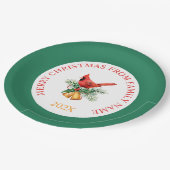 Red Robin en Gold kerstballen op wit en groen Papieren Bordje (Gekanteld)