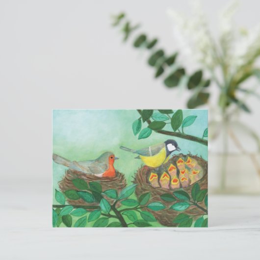 Red Robin en Great Tit Bird Nesting Feestdagenkaart (Staand voorkant)