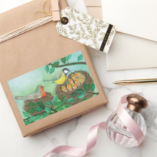 Red Robin en Great Tit Bird Nesting Rechthoekige Sticker (Geschenken)