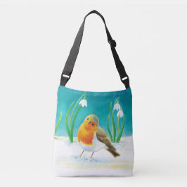 Red Robin (Erithacus rubecula) & Spring Snowdrops Crossbody Tas