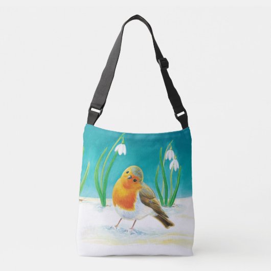Red Robin (Erithacus rubecula) & Spring Snowdrops Crossbody Tas (Voorkant)