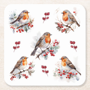 Red Robin Holly Christmas Vierkante Kartonnen Onderzetter