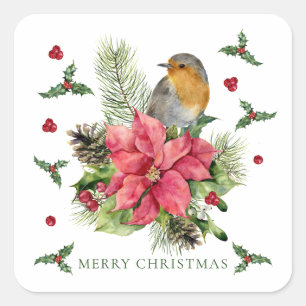 Red Robin Poinsettia Kerstmis Vierkante Sticker