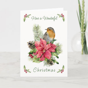 Red Robin Poinsettia Pine Holly Christmas Feestdagen Kaart