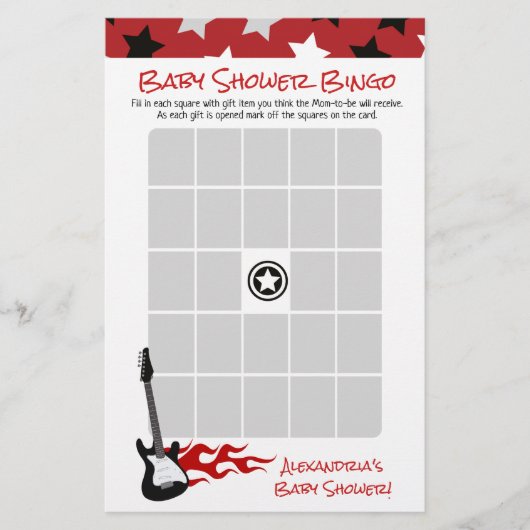 Red Rock Star is een Baby shower Bingo Game (Voorkant)