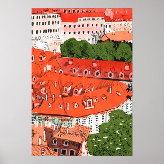Red Roofs Prague Czech Cityscape Paper Collage Art Poster (Voorkant)