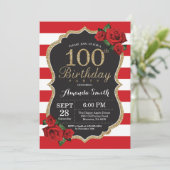 Red Rose 100th Birthday Invitation Gold Glitter Kaart (Staand voorkant)