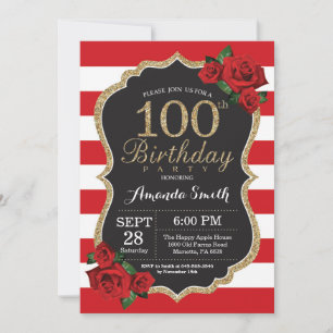 Red Rose 100th Birthday Invitation Gold Glitter Kaart