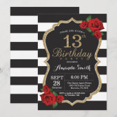 Red Rose 13th Birthday Invitation Gold Glitter Kaart (Voorkant / Achterkant)