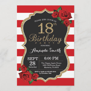 Red Rose 18th Birthday Invitation Gold Glitter Kaart