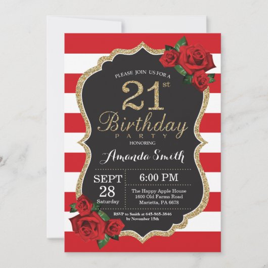 Red Rose 21st Birthday Invitation Gold Glitter Kaart (Voorkant)