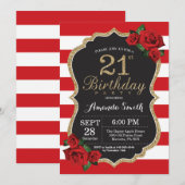Red Rose 21st Birthday Invitation Gold Glitter Kaart (Voorkant / Achterkant)