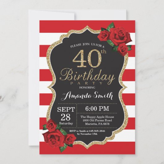Red Rose 40th Birthday Invitation Gold Glitter Kaart (Voorkant)