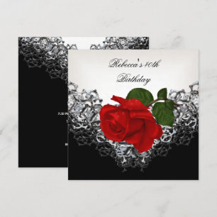 RED Rose 40th Birthday Lace Black White Silver Kaart