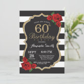 Red Rose 60e verjaardag uitnodiging Gold Glitter (Staand voorkant)