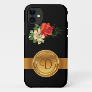 Red Rose and Daisies Gold Monogram Name iPhone 11 Hoesje