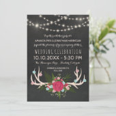 Red Rose Antlers - Rustic Chalkboard Wedding Kaart (Staand voorkant)