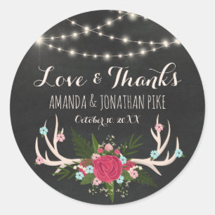 Red Rose Antlers - Rustieke bruiloft Liefde & Beda Ronde Sticker