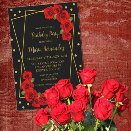 Red Rose Black en Gold Birthday Kaart