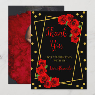 Red Rose Black en Gold Quinceañera Bedankkaart