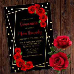 Red Rose Black en Gold Quinceañera Folie Uitnodiging