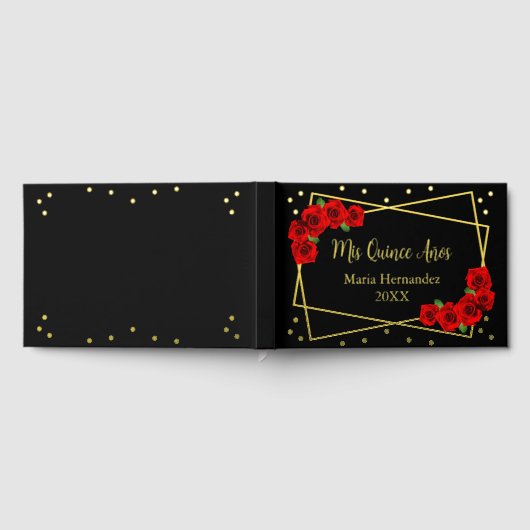 Red Rose Black en Gold Quinceañera Gastenboek (Volledig)