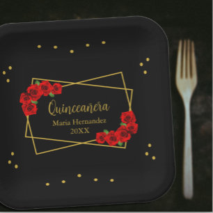 Red Rose Black en Gold Quinceañera Papieren Bordje