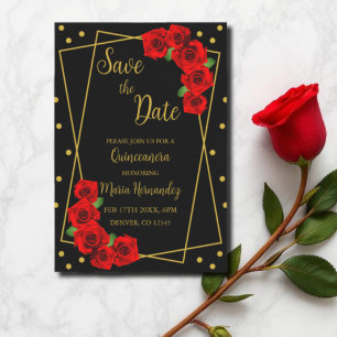 Red Rose Black en Gold Quinceañera Save The Date
