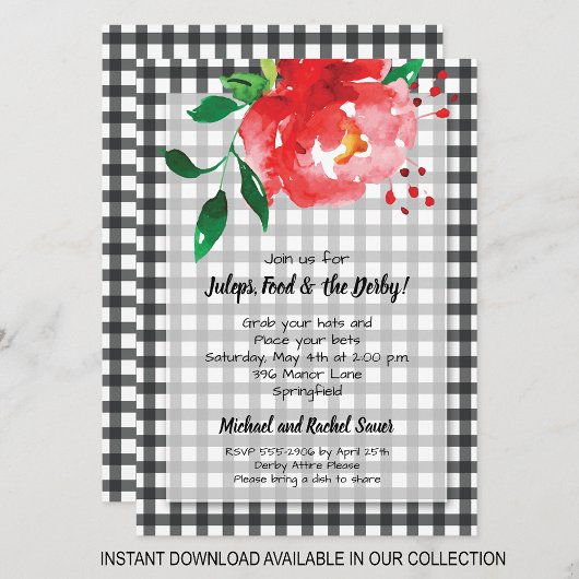 Red Rose Black En vichy Derby Party Invitations