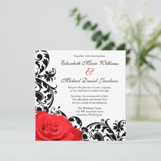 Red Rose Black Flourish Wedding Invitations (Debout devant)
