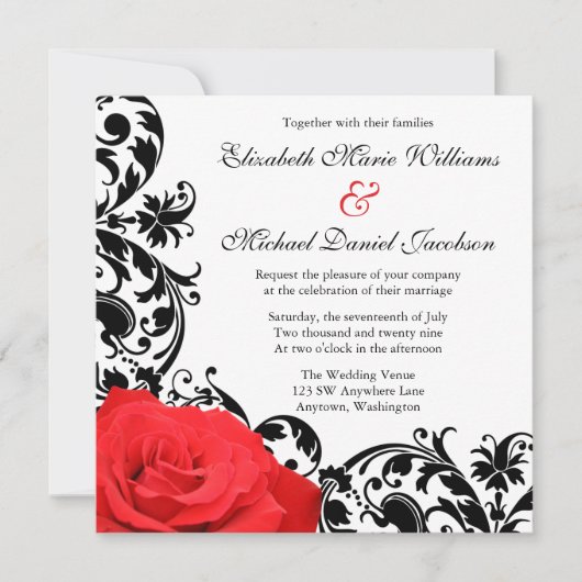 Red Rose Black Flourish Wedding Invitations (Devant)